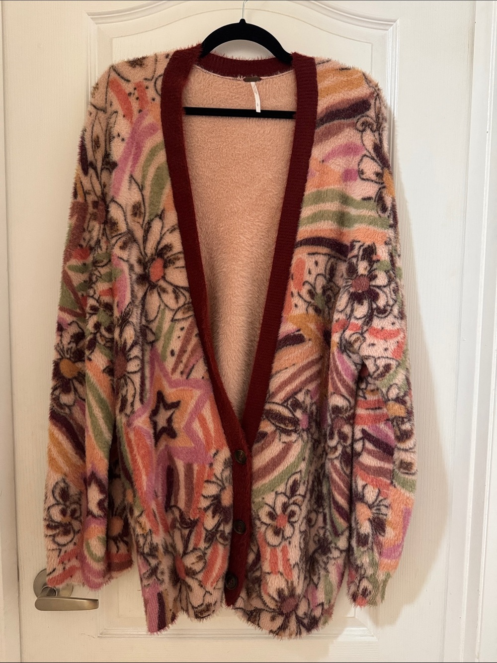 Free People Floral Fuzzy Cardigan in Burgundy Trim and Pastel Mix